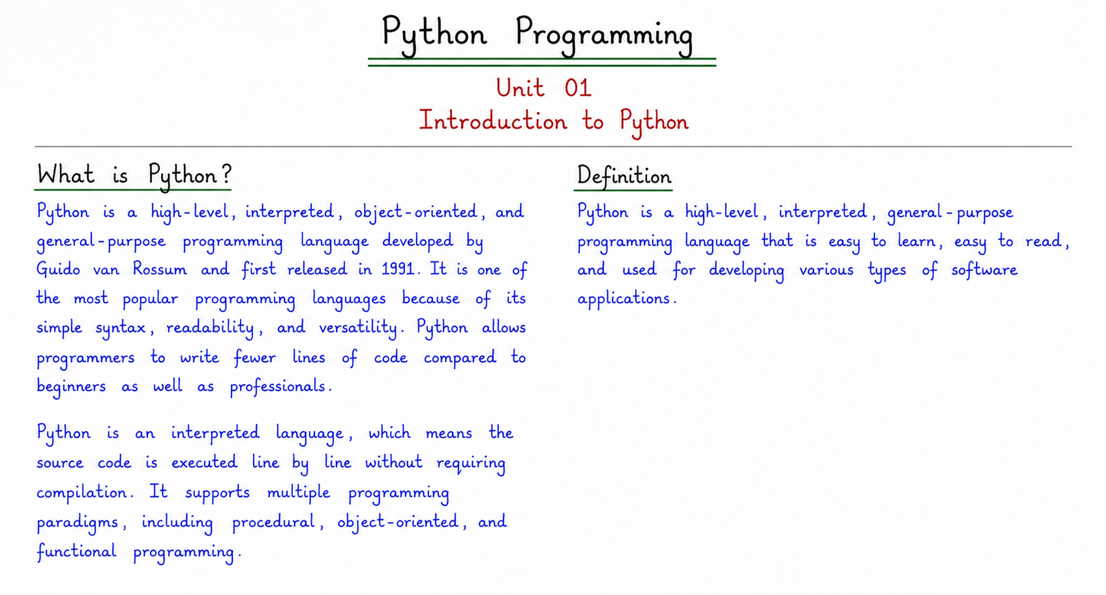 Python programming handwritten notes PDF for CSE exams